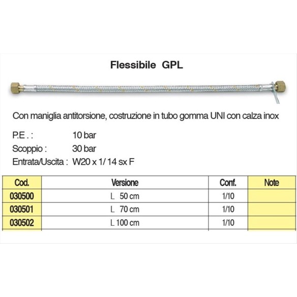 Tubo in gomma rivestito con treccia metallica in acciaio zincato lungo cm 100