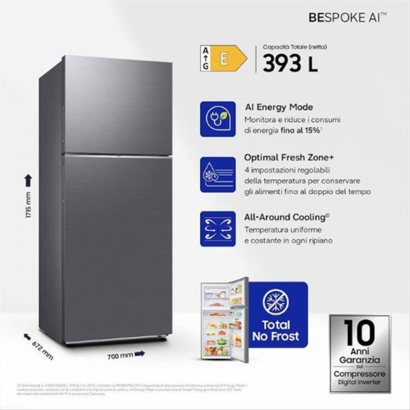Frigorifero Samsung RT38CG6624S9 384 Lt No Frost Inox Wi-Fi | Classe E